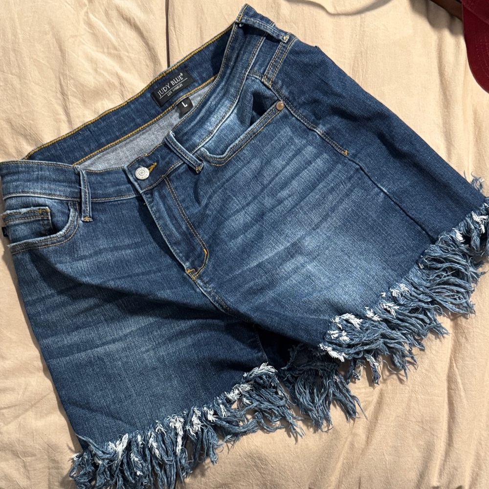 Judy Blue Dark Blue Fringe Hem Jean Shorts